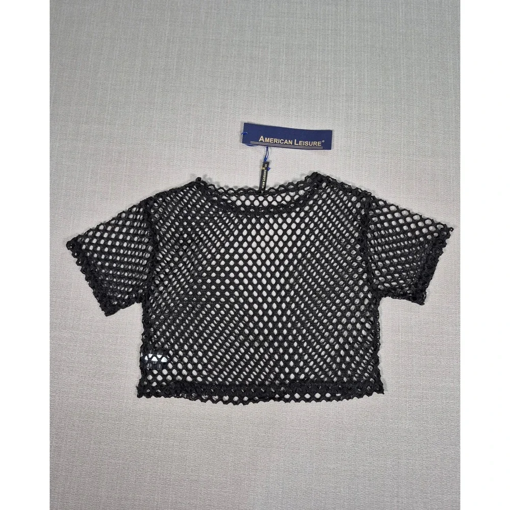 American Leisure Womens Black Fishnet Mesh Crop Top and Shorts Set Size S NEW
